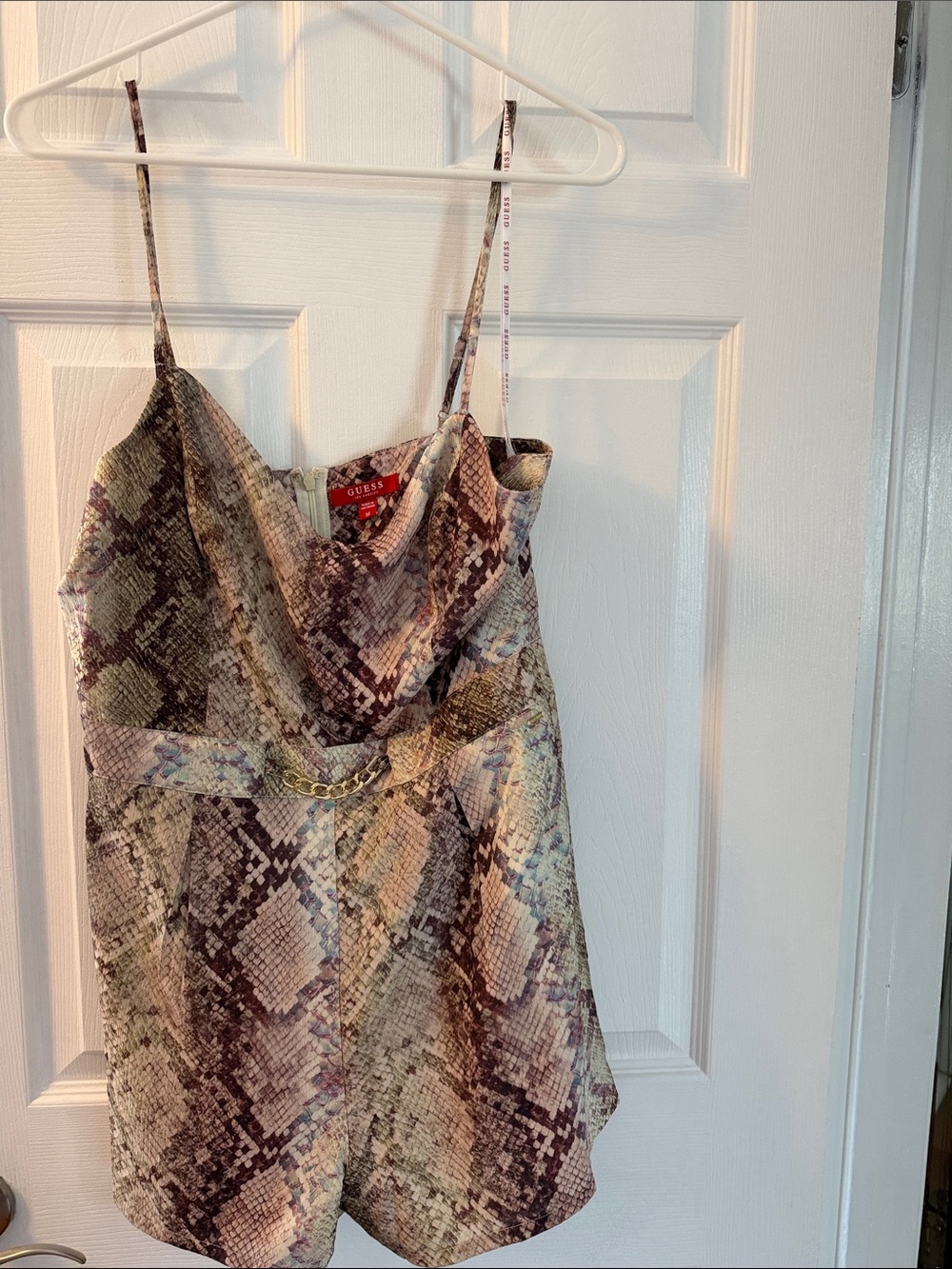 GUESS Brown and Green Snake-Print Cowl Neck Camisole with Chain Detail